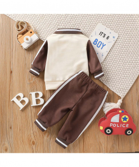 2pcs Baby Boy/Girl Color Block Lapel Long-sleeve Pullover and Track Pants Set - (Brown)