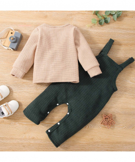 2pcs Baby Boy/Girl Solid Waffle Long-sleeve Cardigan and Overalls Set