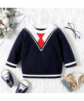 Baby Gentleman Neck Tie Pattern Blue Long-sleeve Knitted Sweater Pullover