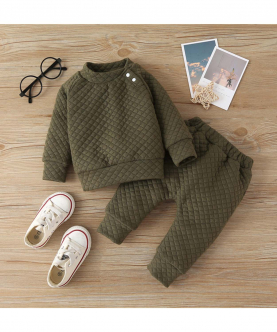 2pcs Baby Boy/Girl Solid Thickened Quilted Long-sleeve Top and Trousers Set
