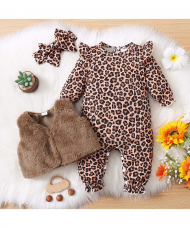 3pcs Baby All Over Leopard Long-sleeve Jumpsuit and Fuzzy Fleece Vest Set