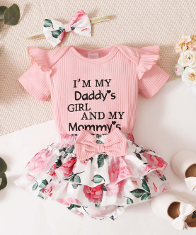 Ribbed 3pcs Letter Embroidery And Floral Print Short-Sleeve Baby Set