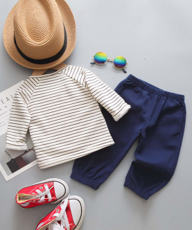 Baby Neck Tie Striped Long Sleeve Top And Solid Trousers Set