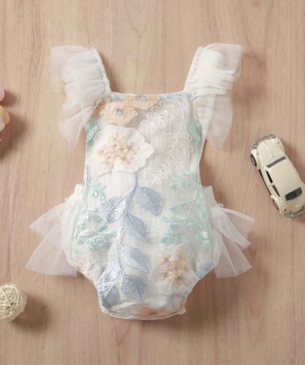 Baby Girl Jumpsuit Ruffled Tulle Sleeveless Flower Embroided Dress Romper 