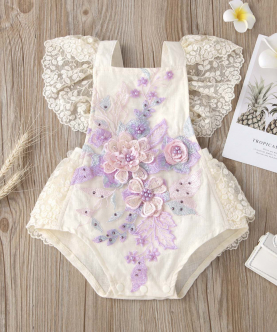 Baby Girls Jumpsuit Ruffled Sleeveless Flower Lace Romper