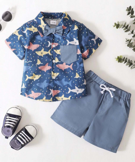 Baby Boy Summer Cartoon Prined Shirt With Solid Shorts 2Pcs Clothing Set
