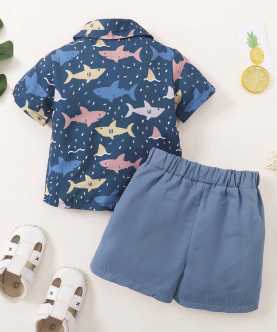 Baby Boy Summer Cartoon Prined Shirt With Solid Shorts 2Pcs Clothing Set