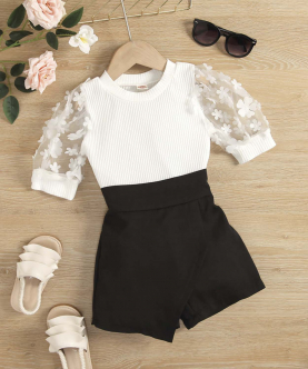Baby Girls Puff Sleeves Top And Black Summer Shorts 