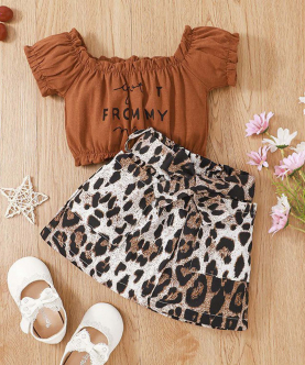2Pcs Summer Toddler Girls Puff Sleeves Suede Shirt Leopard Skirt 