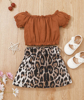 2Pcs Summer Toddler Girls Puff Sleeves Suede Shirt Leopard Skirt 