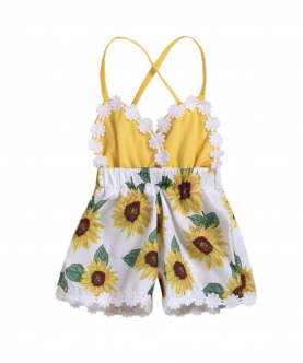 Baby Girl Sunflower Printed Lace Vest Romper Jumpsuit Backless 