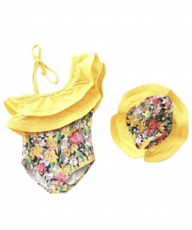 Baby Girl Floral Lotus One Shoulder Swimsuit With Hat