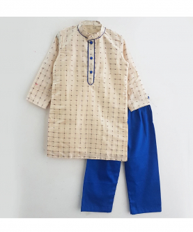 Beige Chanderi Kurta And Blue Pyjama Set