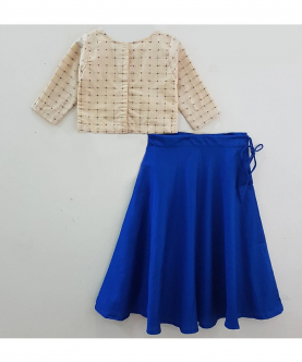 Beige Chanderi Top And Blue Skirt Set