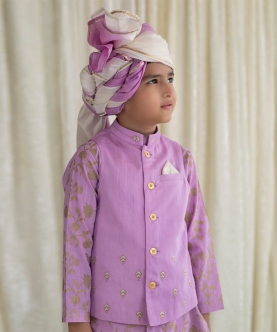Boys 3 Pc Bandhgala Bundi Kurta Set Embroidered-Purple