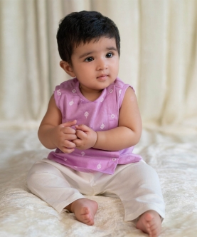 Newborn Baby Premium Cotton Jhabla Set White Buta-Purple