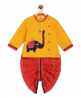 Boy Embroidery Elephant Dhoti Set - Yellow 