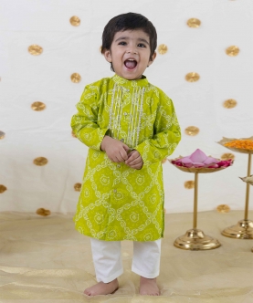 Baby Boy Bandhani Print Cotton Kurta Set - Green