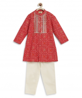 Boy Bandhani Print Cotton Kurta Set - Red