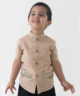 Boy Crocodile Embroidered Cotton Shirt - Beige