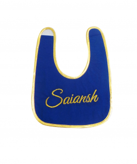 Personalised Blue Woven Bib With Shiny Gold Detailing