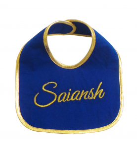 Personalised Blue Woven Bib With Shiny Gold Detailing