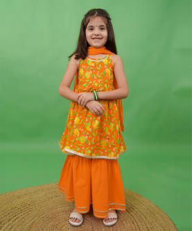 Girls Flared Sharara Set Printed Mango-Orange 