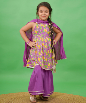 Girls Flared Sharara Set Printed Mango-Purple