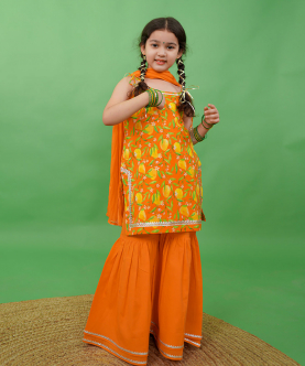 Girls Straight Strappy Sharara Set Printed Mango-Orange
