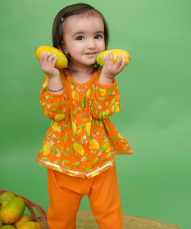 Baby Girl Jhabla Set Printed Mango-Orange