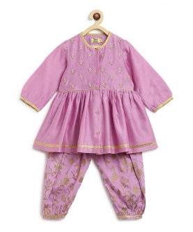 Baby Girl Chanderi Angrakha Suit Set Embroidered-Purple