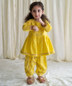 Baby Girl Chanderi Angrakha Suit Set Embroidered-Yellow