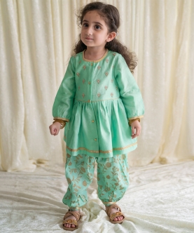 Baby Girl Chanderi Angrakha Suit Set Embroidered-Green