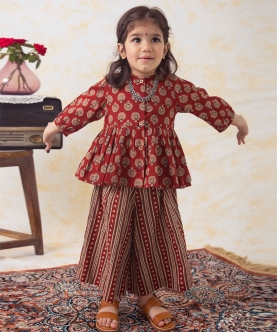 Girl Cotton 3/4 Sleeves Co-Ord Set-Brown