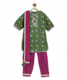 Girl Floral Jaal Suit Set - Green