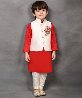 Floral Motif Nehru Jacket With Kurta & Pant Set