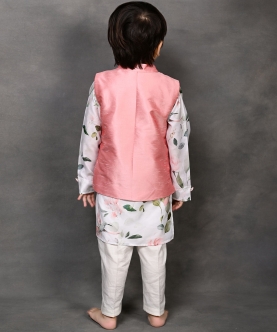 Pink Nehru Jacket With Hummingbird Print Kurta & Pant Set