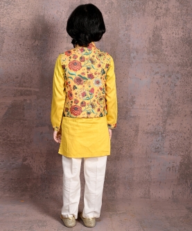 Marigold Floral Print Nehru Jacket With Kurta & Pant Set