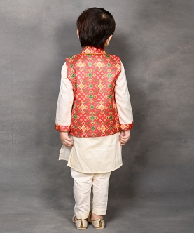 Red Patola Print Nehru Jacket With Kurta & Pant Set