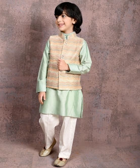 Thread & Sequins Embroidered Nehru Jacket & Kurta & Pant Set