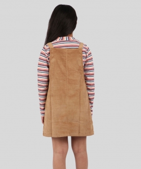 Corduroy Pinafore Combo Dress With Full Multistriped Tshirt