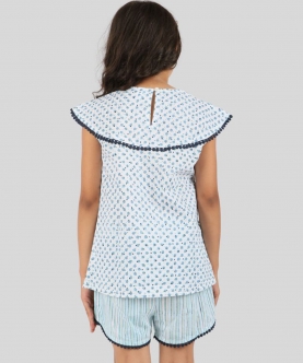 Blue Polka Dot Blockprinted Nightwear Set With Shorts