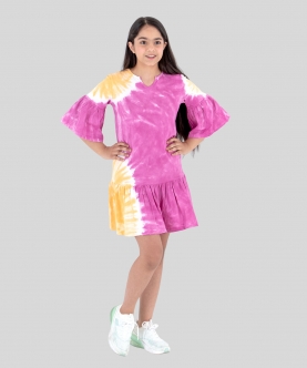 Tie Dye Pure Cotton A Line Dress With Frilled Sleeves
