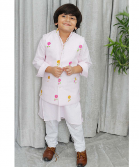 Kurta Pajama Set WIth Reversible Nehru Jacket(Sun-Flowers)