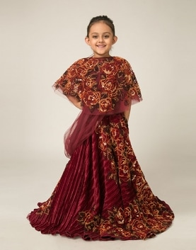 Wine Color Multilayer Tulle Cape and Lehnga Set