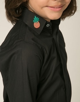Self Black Cotton Pineapple Collar Embroidered Shirt