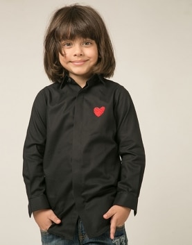 Self Black Cotton Heart Embroidered Shirt