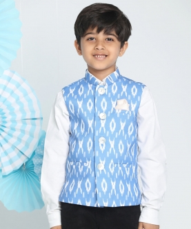 VASTRAMAY Boys Aqua Blue Ikkat Nehru Jacket