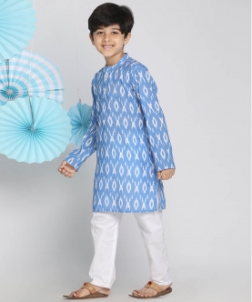 Vastramay Boys Aqua Blue And White Ikkat Kurta Pyjama Set