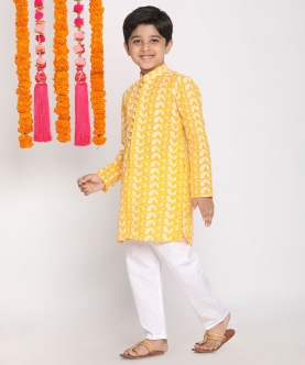 Vastramay Boys Orange And White Chikankari Kurta Pyjama Set